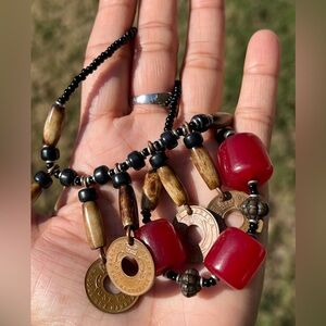 Handcrafted Red and Coin Beaded Necklace- set of two
